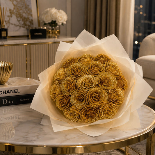 Buchet Gold – 19 Trandafiri Imperiali Aurii