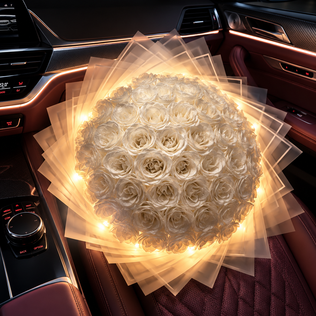 Crystal Glow - Buchet Premium Trandafiri Albi & LED
