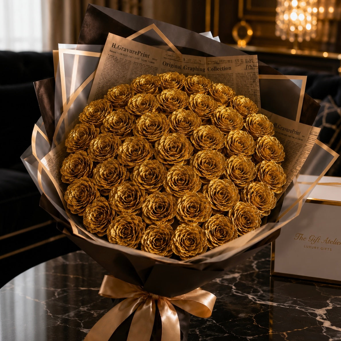 Luxe Gold – Buchet Imperial cu Trandafiri Aurii