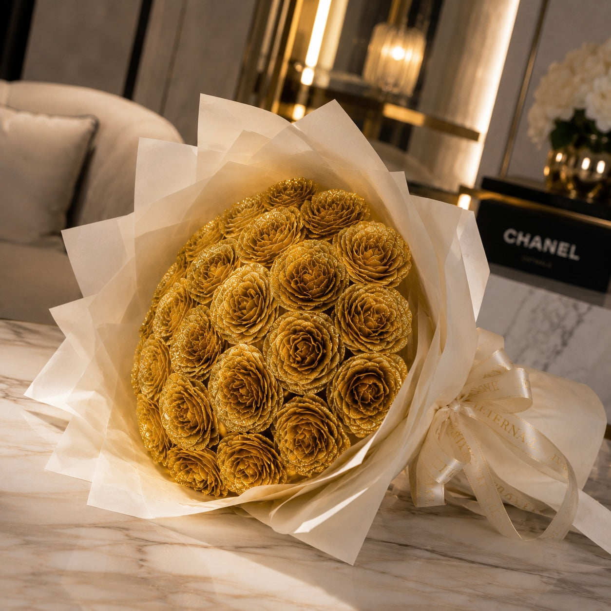 Buchet Gold – 19 Trandafiri Imperiali Aurii