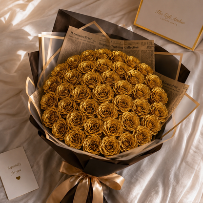 Luxe Gold – Buchet Imperial cu Trandafiri Aurii