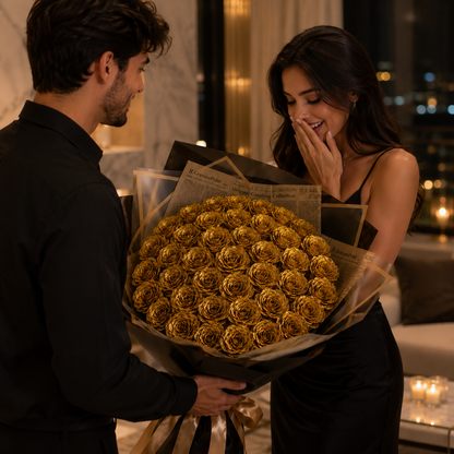 Luxe Gold – Buchet Imperial cu Trandafiri Aurii
