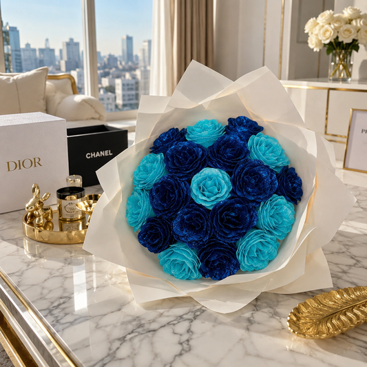 Buchet Blue Ocean – Trandafiri Imperiali Albastru Regal & Turcoaz