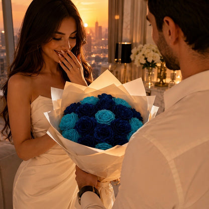 Buchet Blue Ocean – Trandafiri Imperiali Albastru Regal & Turcoaz