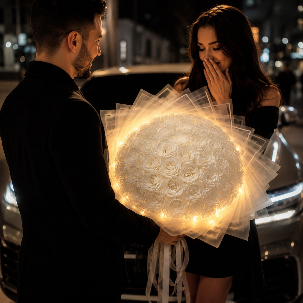Crystal Glow - Buchet Premium Trandafiri Albi & LED