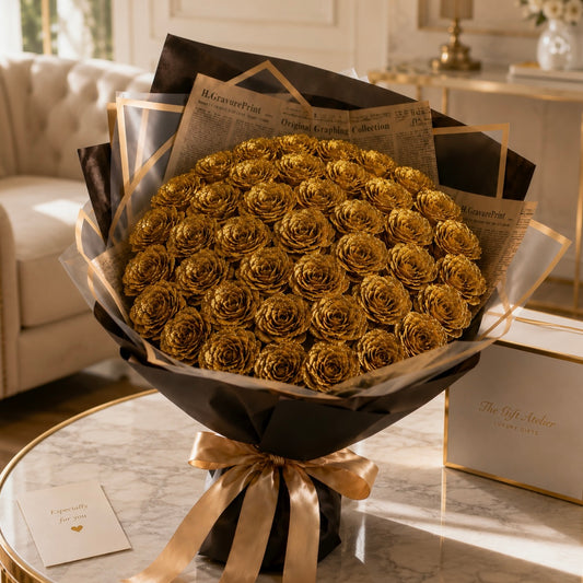 Luxe Gold – Buchet Imperial cu Trandafiri Aurii
