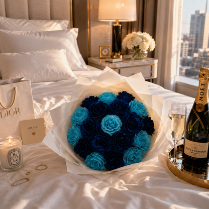 Buchet Blue Ocean – Trandafiri Imperiali Albastru Regal & Turcoaz