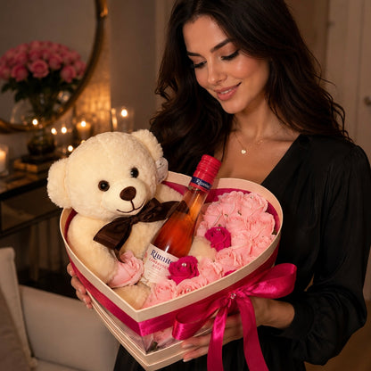 Luxury Heart Box - Ursuleț, Trandafiri & Rosé