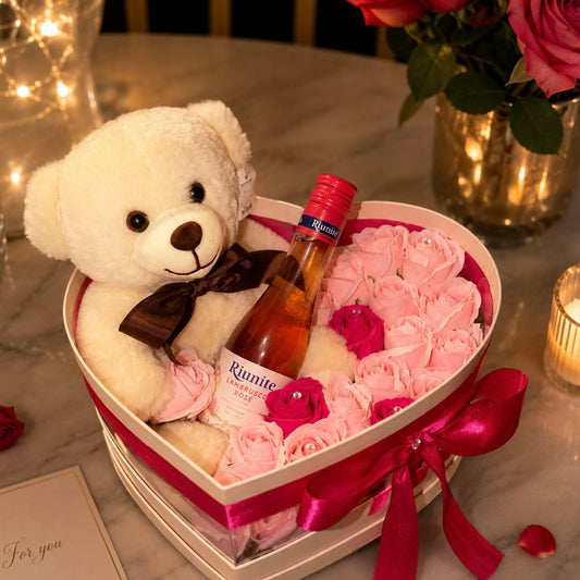 Luxury Heart Box - Ursuleț, Trandafiri & Rosé