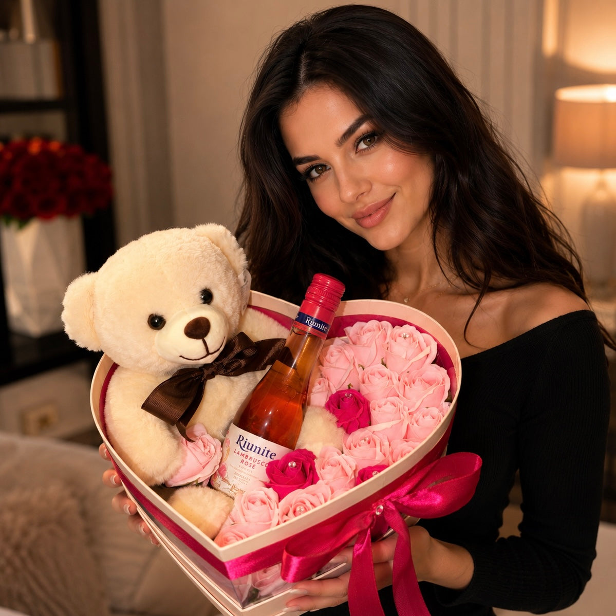 Luxury Heart Box - Ursuleț, Trandafiri & Rosé